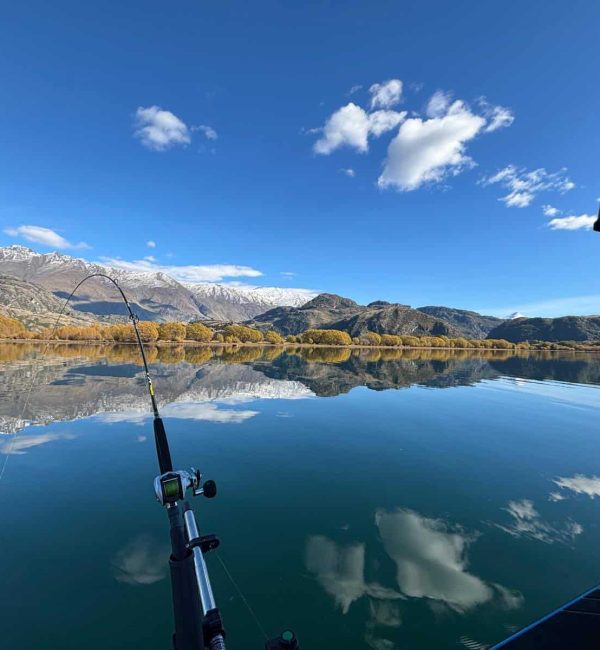 flat-lake-mountains-fishing-rod-nz-charter Flat lake surface with mountain backdrop and fishing rod in the foreground during a New Zealand charter